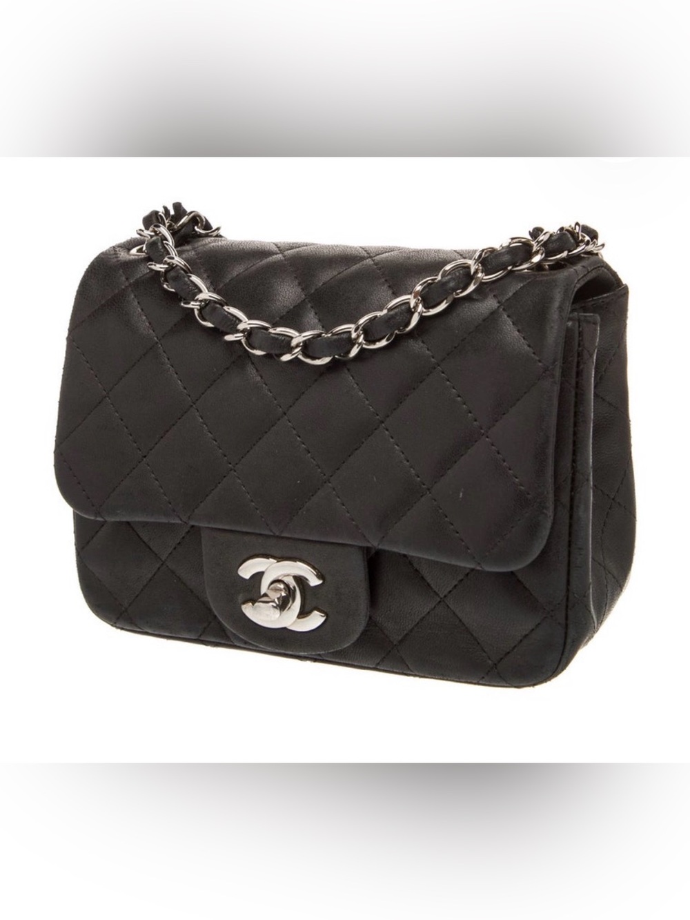 CHANEL Black Quilted Lambskin Shoulder Bag with Silver Chain